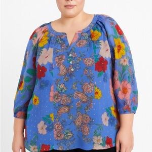 Fig & Flower Womens Floral Puff Sleeve Top 3X Peasant Boho Cottagecore Flowy